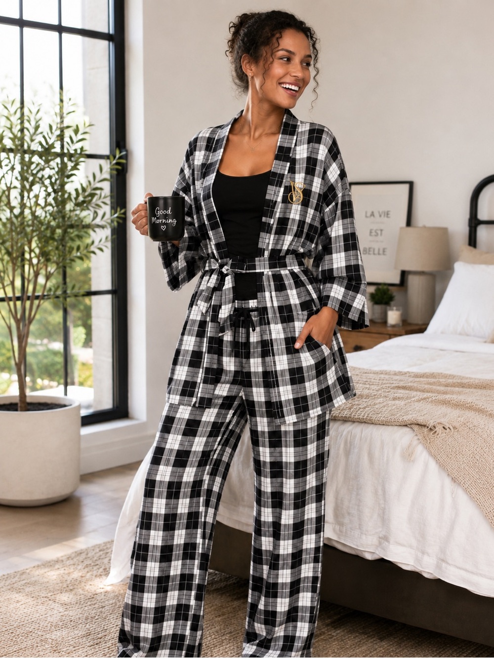 🥱 VICTORIA’S SECRET Black White Flannel Lounge Kimono Pajama Robe Pants 2-Pc Set